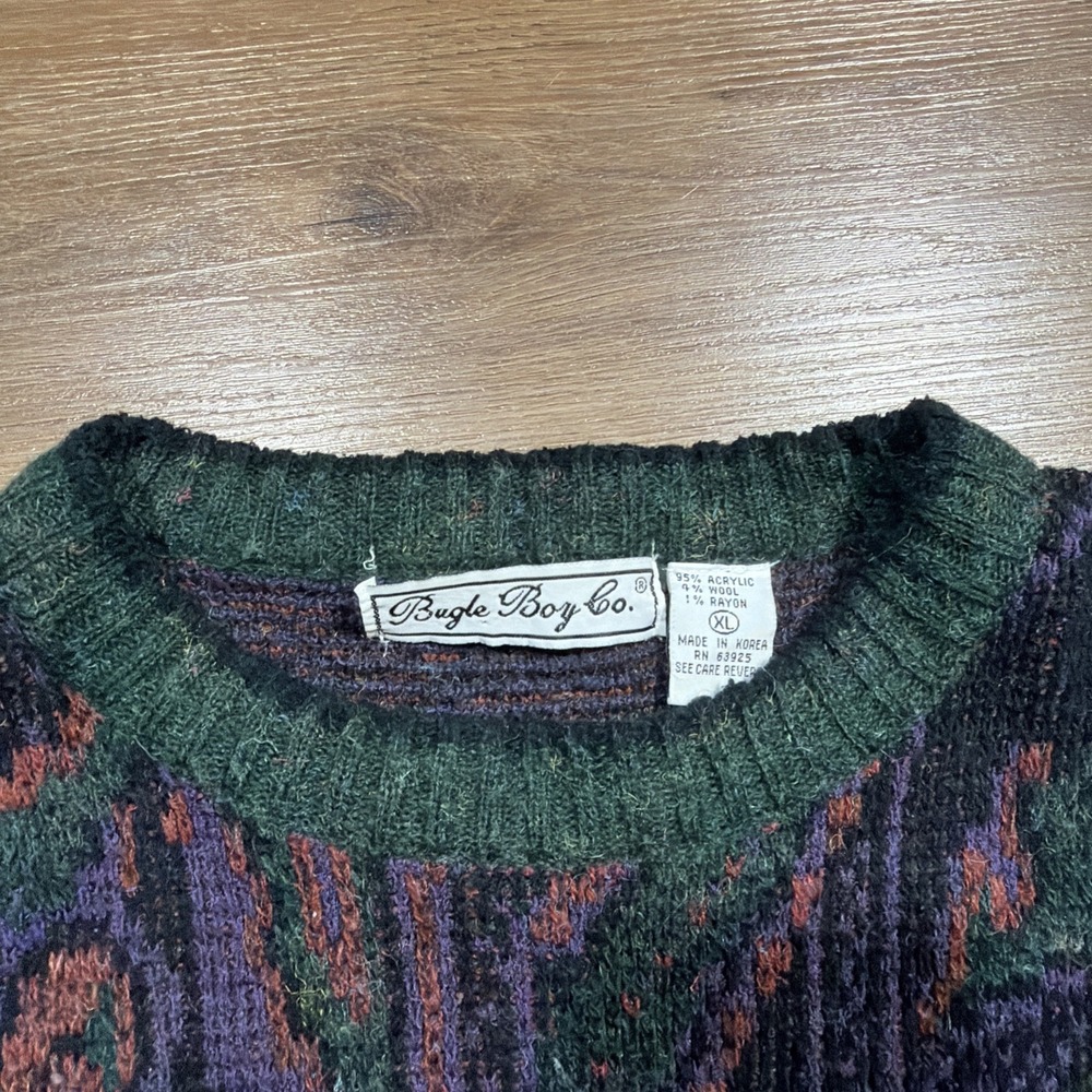 Vintage Bugle Boy Sweater Abstract Paisley Green Purple Print Streetwear Mens XL - Picture 7 of 10